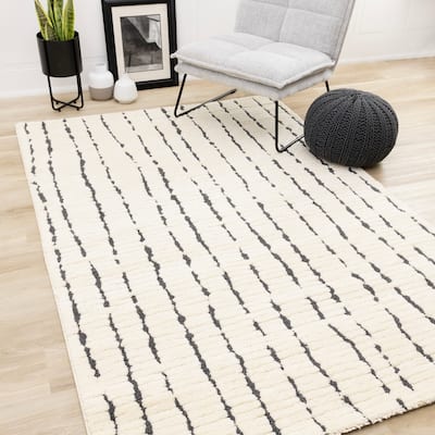 Teagan Collection - Plush Pile Cream Black Vertical Lines Area Rug