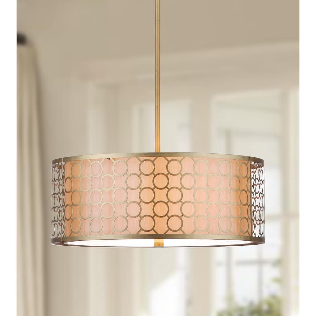 SAFAVIEH Lighting Kellee Adjustable 3-Light Gold Drum Pendant - 18"x18"x9.25-45.25" - Antique Gold - 18Wx18Dx45H
