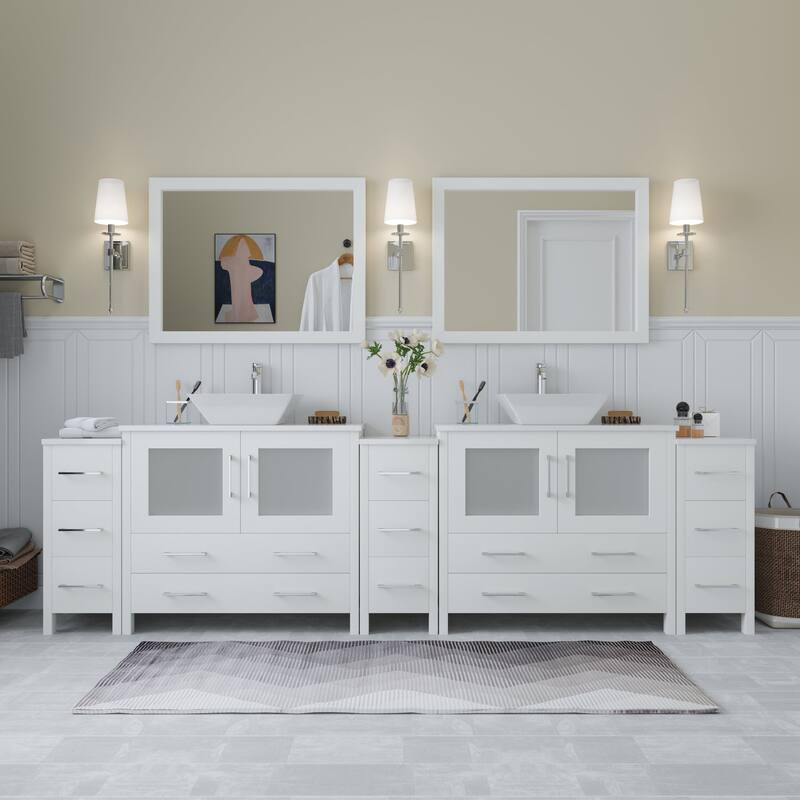 Vanity Art 108" Double Sink Bathroom Vanity Set with Engineered Marble Top and Free Mirrors - White