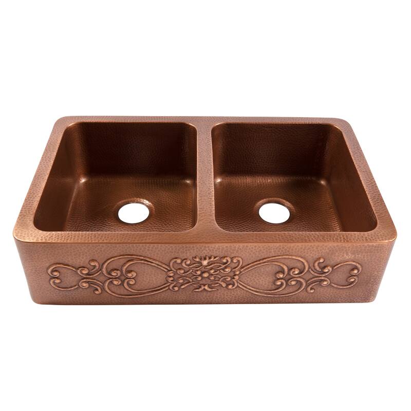 Ganku Copper 36″ Farmhouse Apron Front Undermount Double Bowl Kitchen Sink with Maren Bronze Faucet Kit
