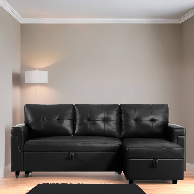 Reversible Sectional Sleeper Sofa with Storage Chaise & Pull-Out Bed - Black,Air Leather