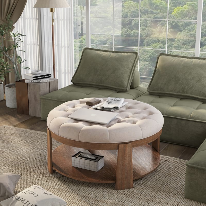 Geoffrey Transitional Round Natural Wood Open-Shelf Tufted Ottoman with Wheels by Furniture of America