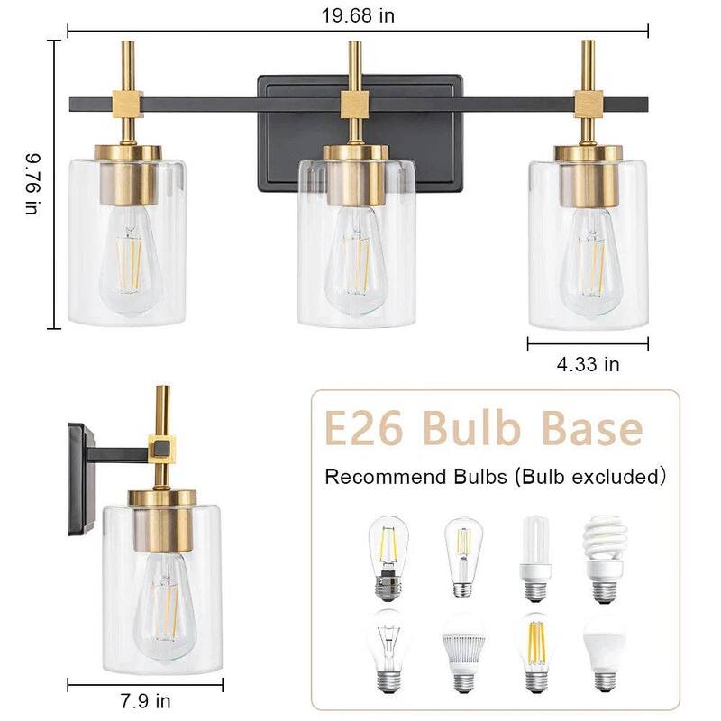 Jasper Black & Gold Clear Glass 3-Light Bathroom Vanity Light