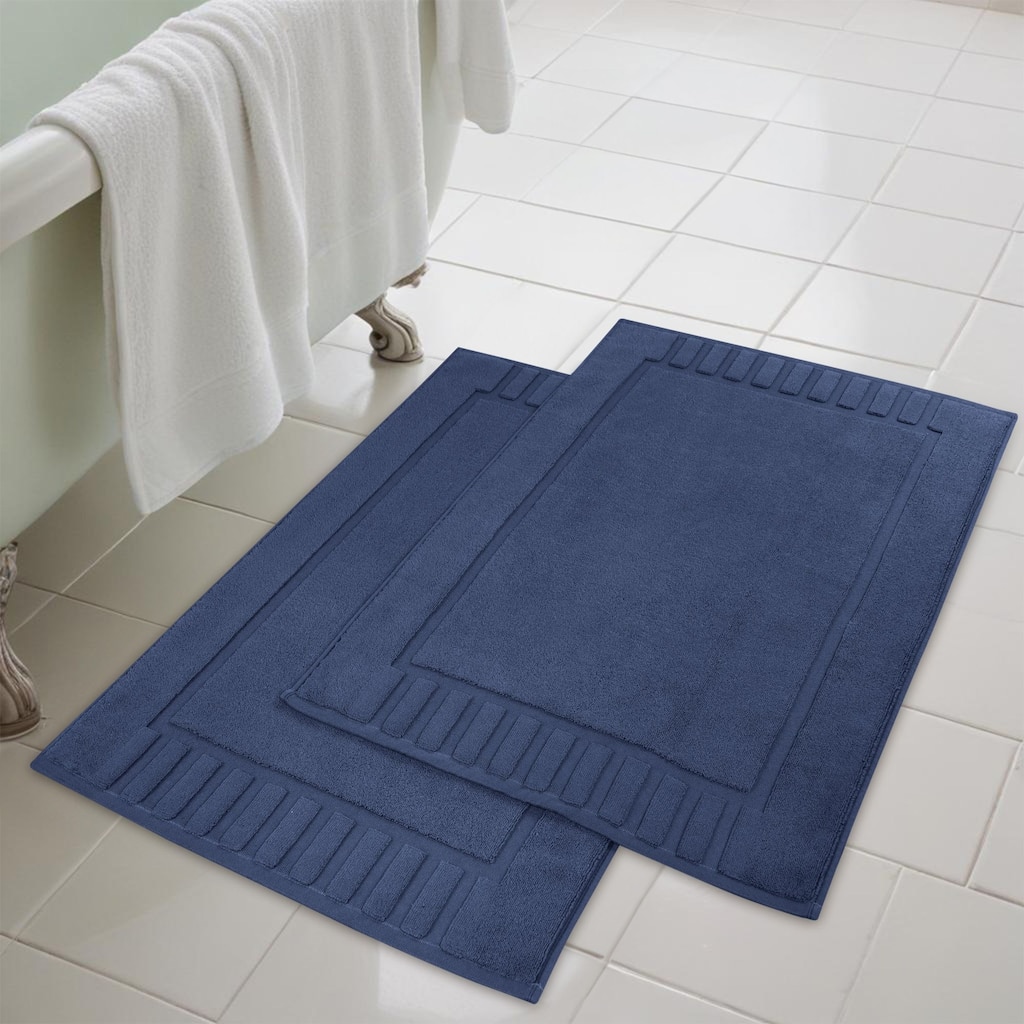 Blue Nile Mills 100% Cotton Solid Modern Geometric Border Absorbent Heavy Washable Bath Mats, Set of 2