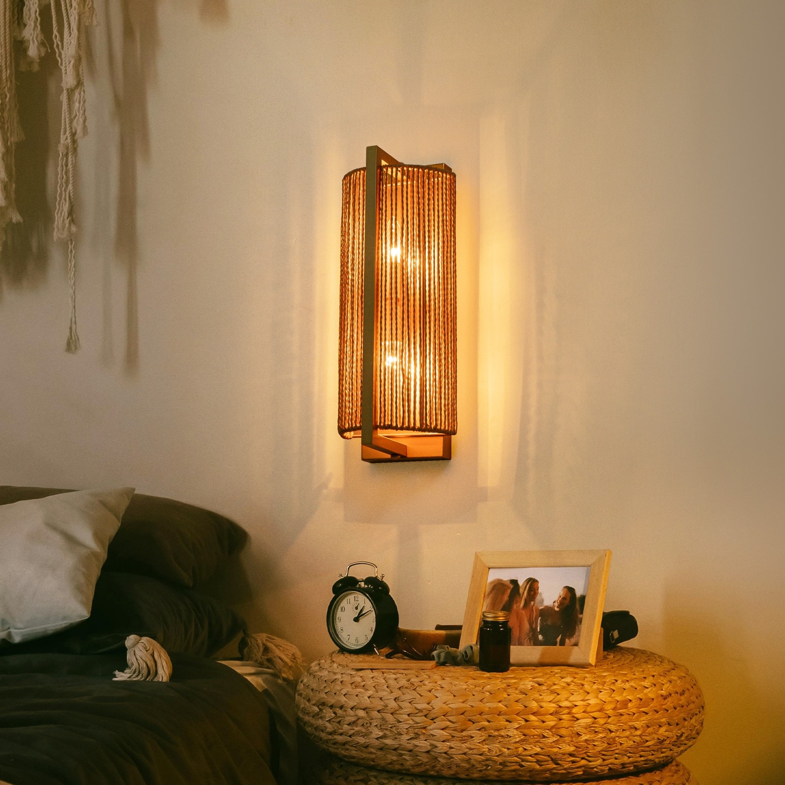 1-Light Gold Wall Sconce with Woven Rope Shade - 6.3" W × 5.1" D × 16.1" H