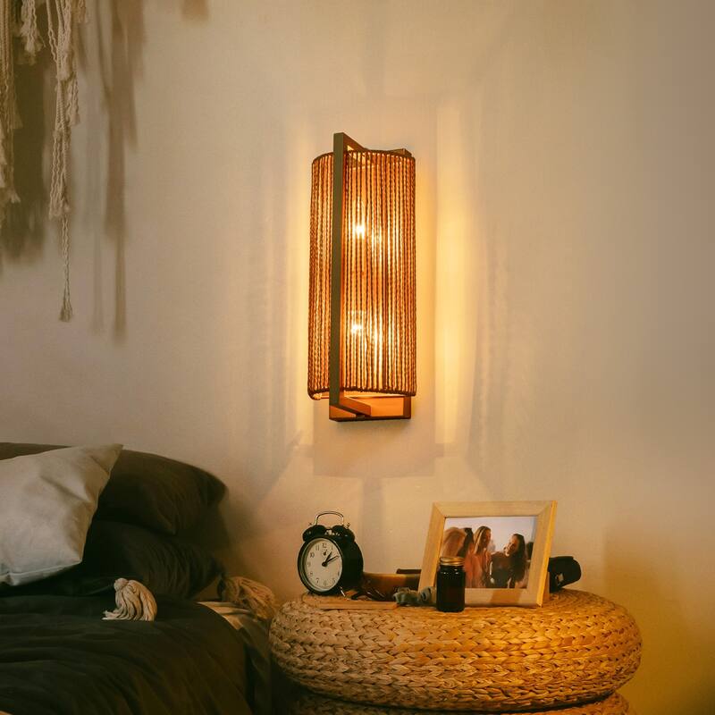 1-Light Gold Wall Sconce with Woven Rope Shade - 6.3" W × 5.1" D × 16.1" H