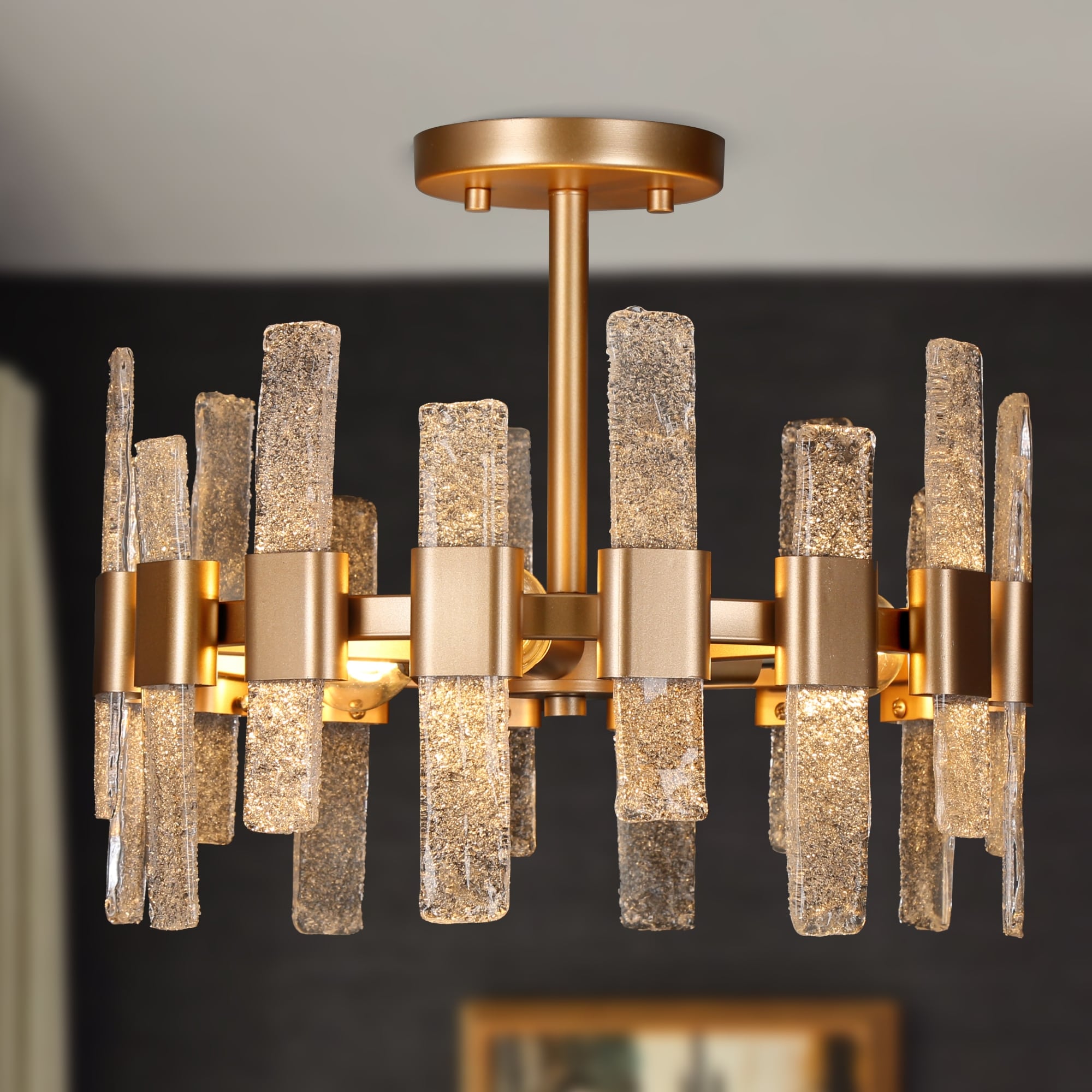 Mid-Century Modern Glam 3-Light Drum Glass Semi-flush Mount Bathroom Entryway Ceiling Fixture - D14'' x H12''