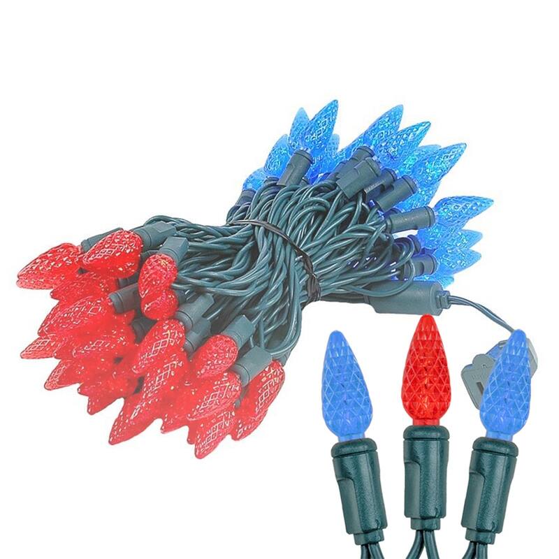 70 Light C6 LED Christmas Mini Light Set, Red/Blue, Green Wire, 24 Feet - Large