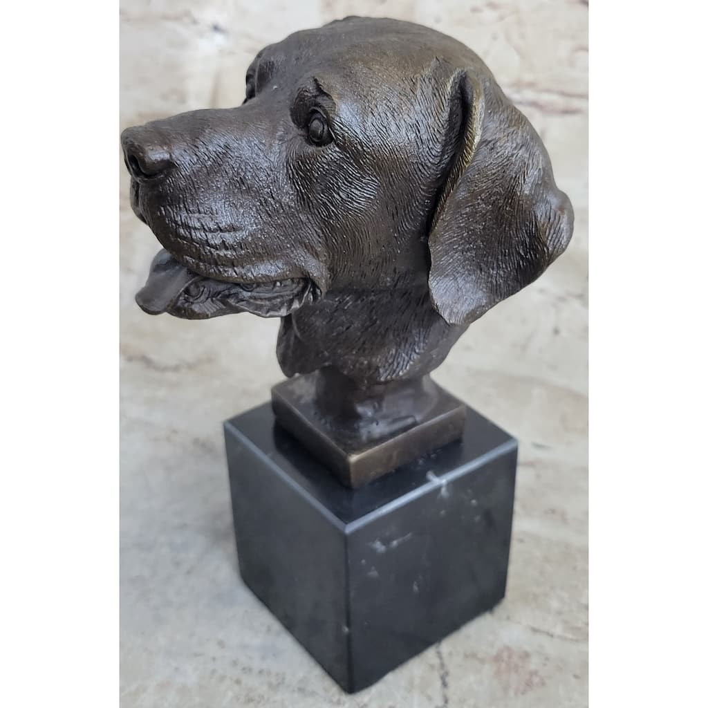 Signed Original Happy Labrador Puppy Dog Bust Marble Base Sculpture Statue Decor
