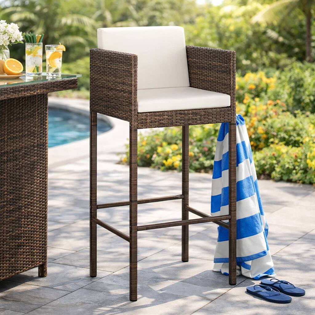 4pc Outdoor Barstool Chair Set, White Cushion, Brown Rattan, 30 Inch