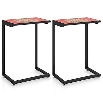 Gymax 2PCS Mosaic Outdoor C-Shaped End Table w/ Ceramic Tile Top