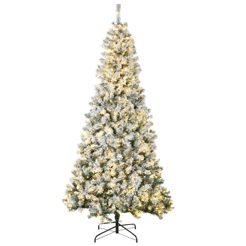 HOMCOM Pre-Lit Flocked Christmas Tree - Snow Flocked Branches, Warm White LED Lights, Auto Open, Green