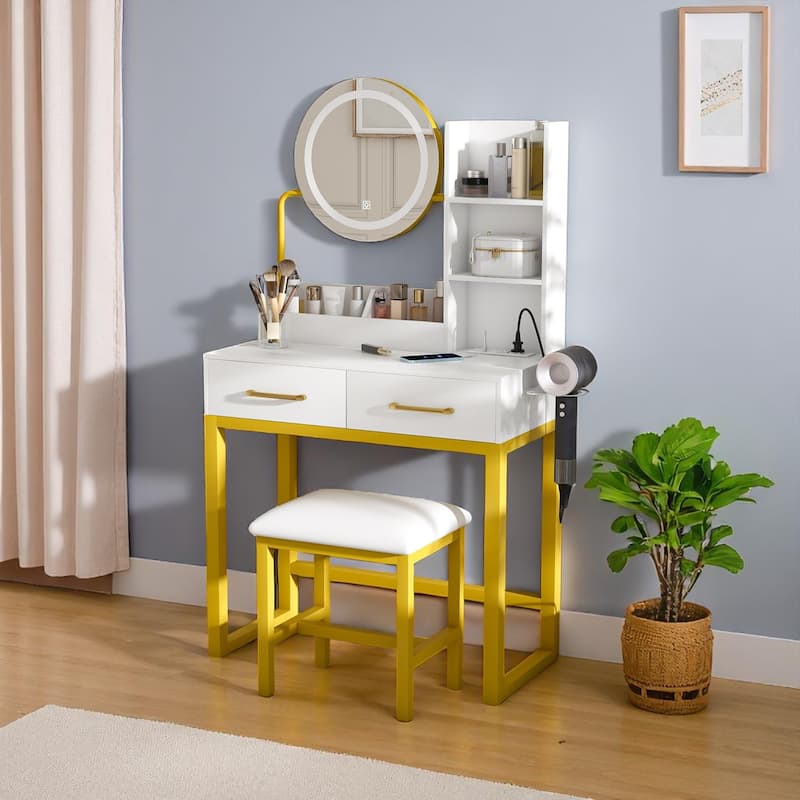 KISRAIS 31.4" Fashion Vanity Desk with Mirror and Lights, Cushioned Stool, Power Station, and Hair dryer bracket