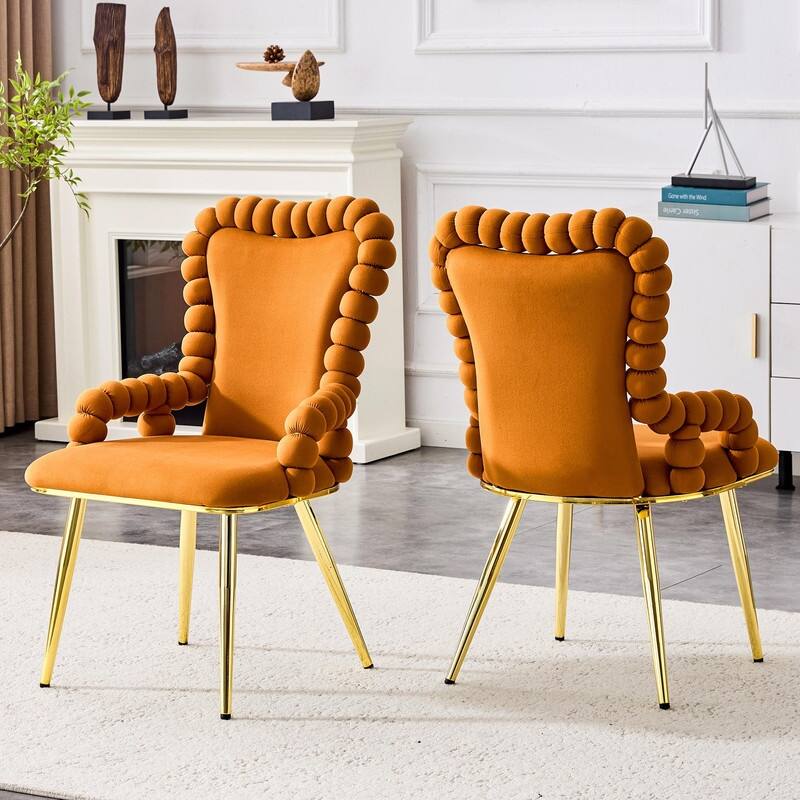 Set of 2 Puffy Bubble Velvet Dining Chairs with Ball Chain Design & Gold Legs - Orange