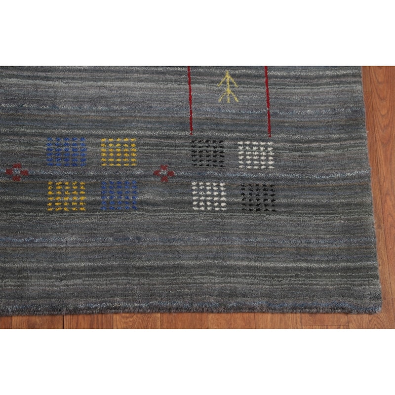 Striped Gray Gabbeh Oriental Area Rug Hand-Knotted Wool Carpet - 5'0"x 7'11"