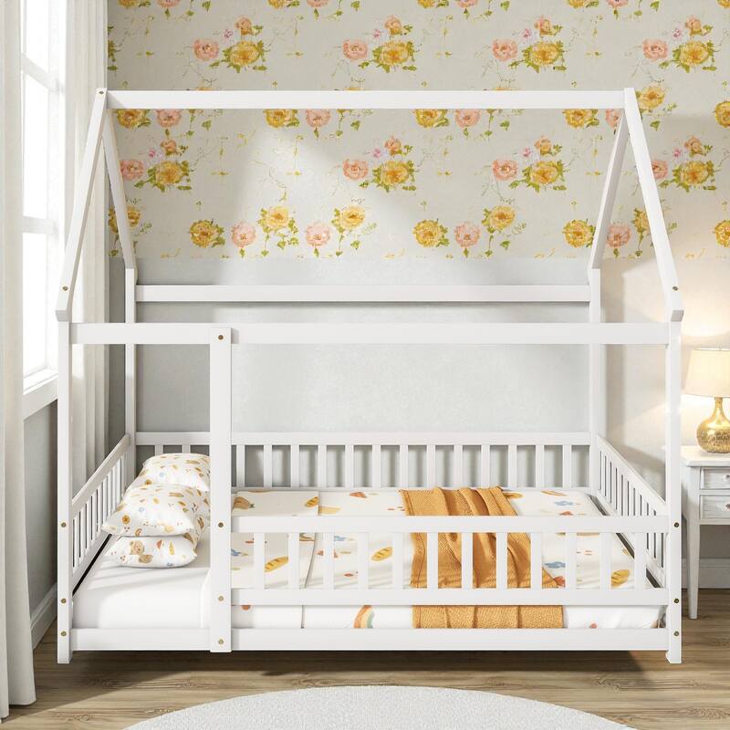 Full Size House Floor Bed with Roof Frame and Guardrails, Solid Wood Montessori Bed for Kids with Fence Design