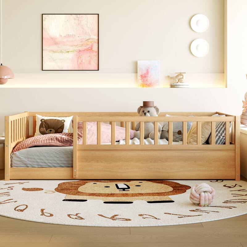 Full/Twin Montessori Floor Bed with Security Barrier & Door - Children's Wooden Bed Frame - Natural - Twin