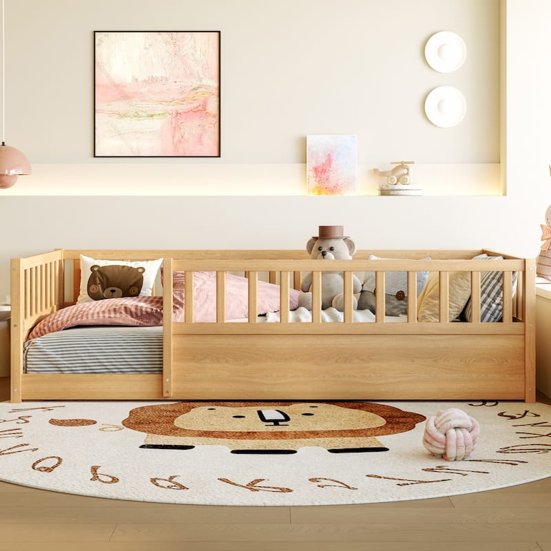 Twin Size Floor bed, integral construction with super high security barrier, door, children's floor bed frame - Natural