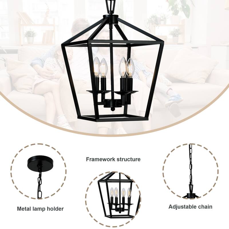 4 Light Matte Black Lantern Pendant - 12"x12"x18"