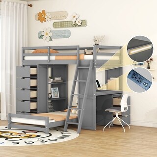 Twin Over Twin Bunk Bed with Desk, Drawers, LED Light, USB Ports and Storage Shelves