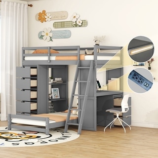 Twin Over Twin Bunk Bed with Desk, LED Light and USB Ports, Solid Wood Bunk Bed Frame with Storage Drawers and Bookcase Shelves