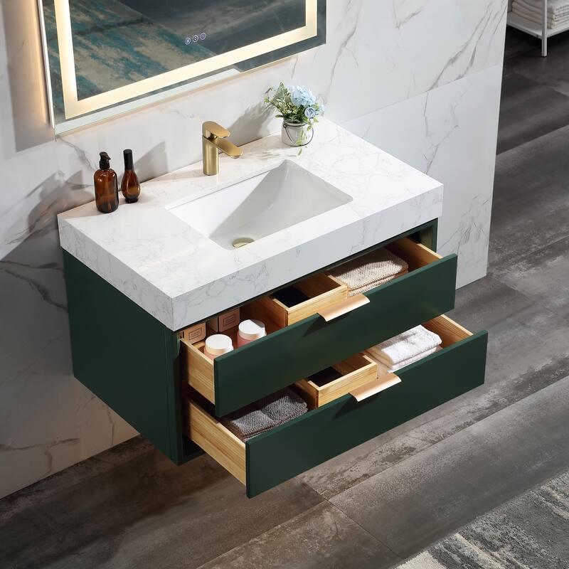 Modland 36" Wall-Mount Vanity with LED Light & 2 Soft-Close Drawers - Solid Oak, Black,White,Blue,Green - 36 inch