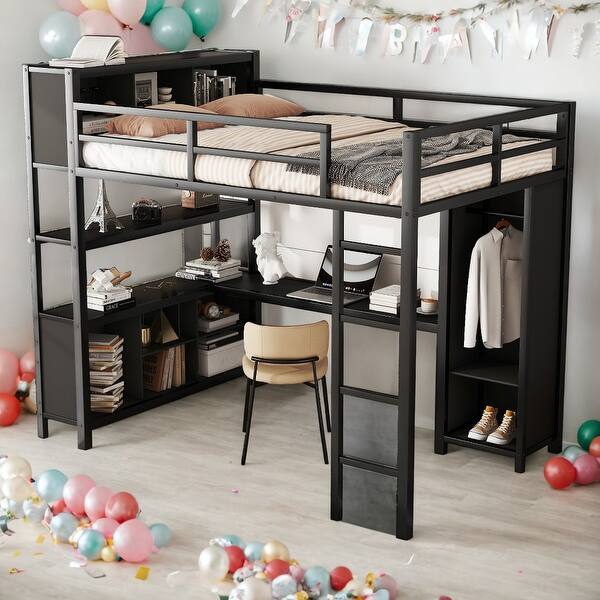 slide 2 of 13, Full Size Loft Bed with Wardrobe,L-shaped Desk,Storage Cubes and Shelves Black