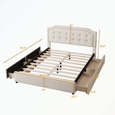Upholstered Platform Bed with Headboard and 4 Drawers, Queen Size