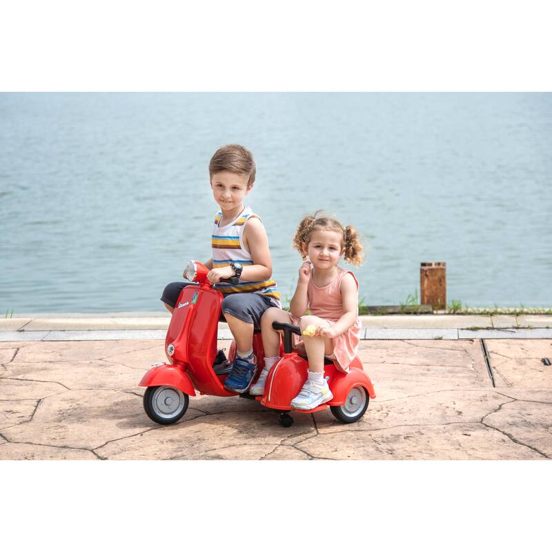Vespa 6V Ride-On Motorcycle with Sidecar, Stylish Kids Electric Scooter Toy for Siblings, Safe and Fun for Boys and Girls