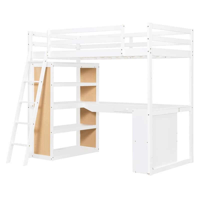 Twin Size Loft Bed with Ladder, Shelves, and Desk, White