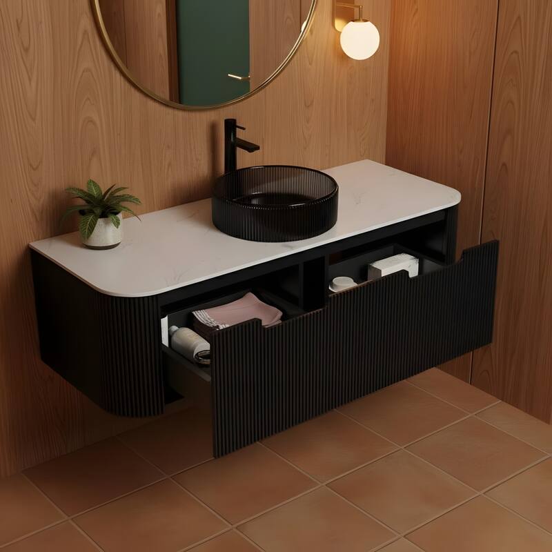 Wall Mounted Bathroom Vanity with Transparent Black Round Glass Basin