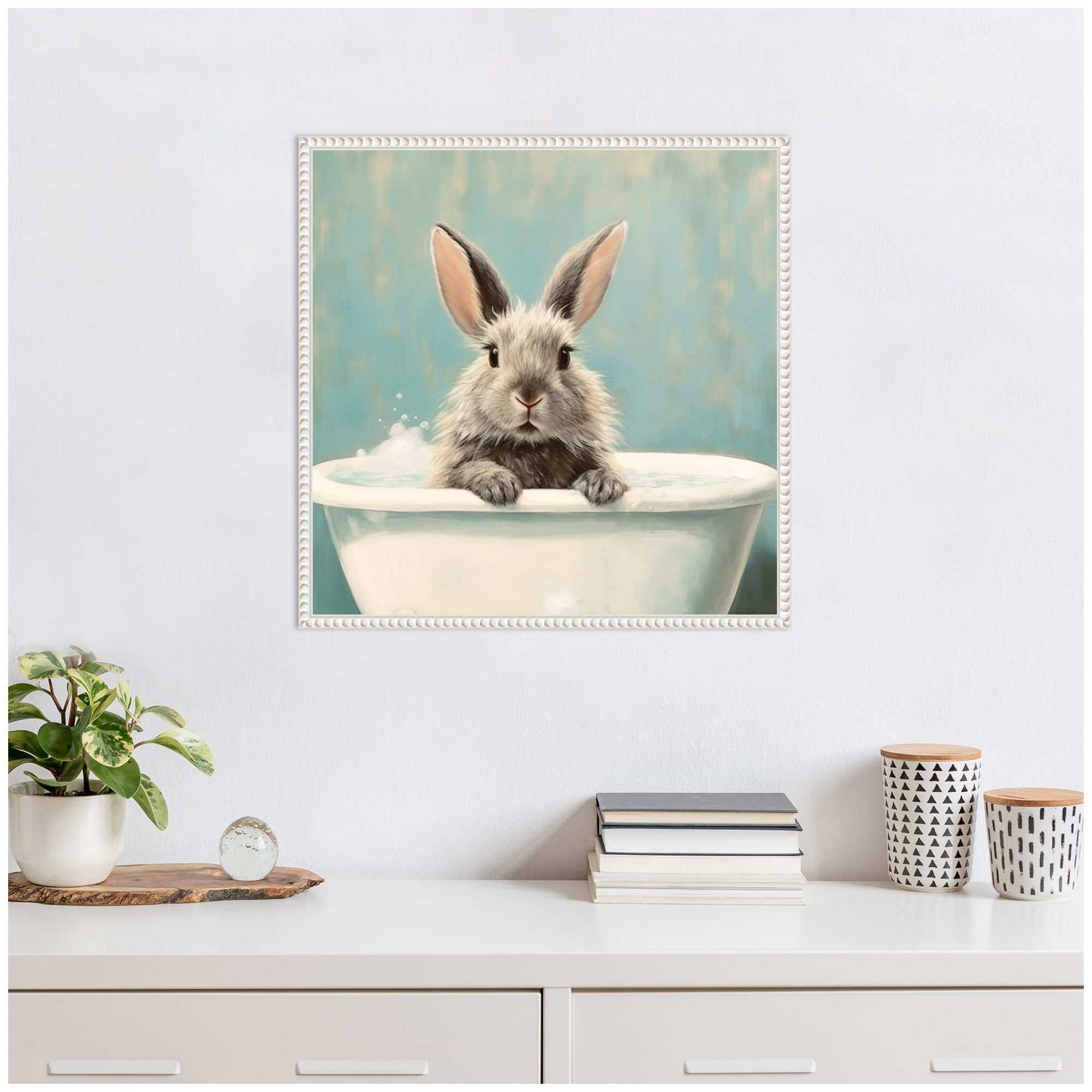 Kate and Laurel Sylvie Country Bunny White Bathtub Framed Canvas by The Creative Bunch Studio