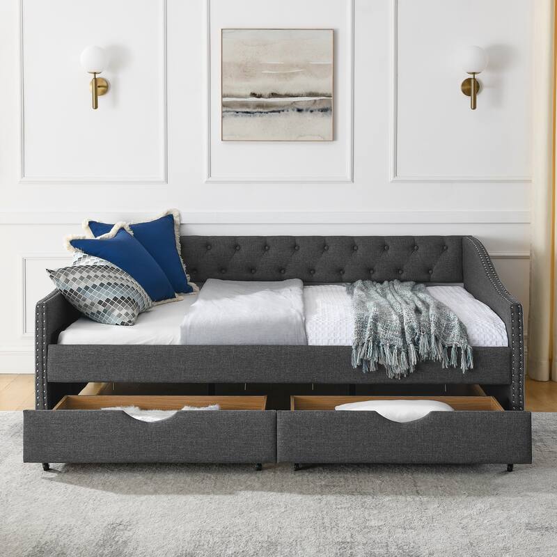 Tufted Button Daybed with 2 Storage Drawers/Upholstered Sofa Bed Frame w/Copper Nail on Waved Shape Armrests/No Spring Box Need