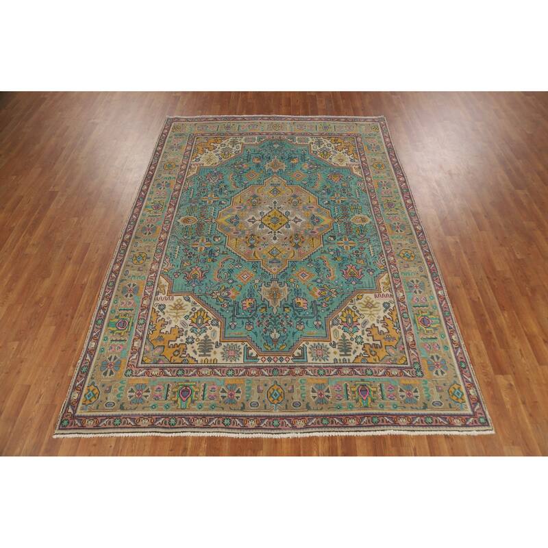 Hand Knotted Oriental 100% Wool Carpet Traditional Floral Navy Blue & Blues Tabriz Area Rug - 9' 6'' X 6' 9''