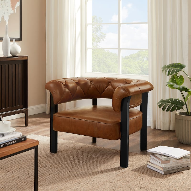 Art Leon Mid-century Top Grain Leather and Wood Accent Chair