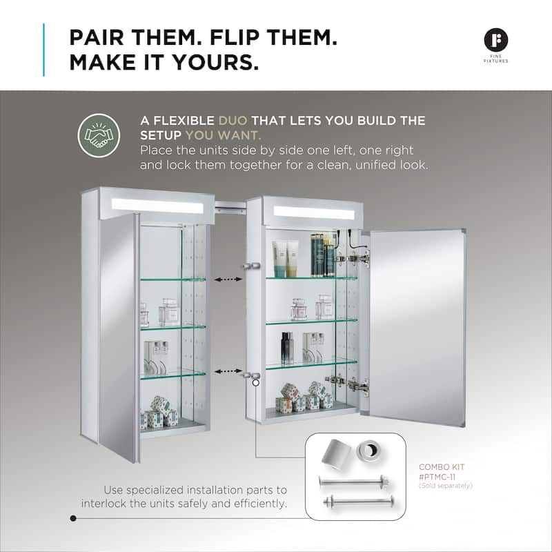 Bathroom Medicine Cabinet, Aluminum, Recessed/Surface Mount, Mirrored Interior w/LED