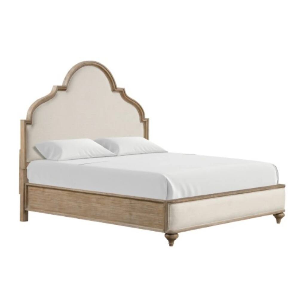Lyla King Bed, Scalloped Ivory Upholstery, Rustic Oak Solid Wood