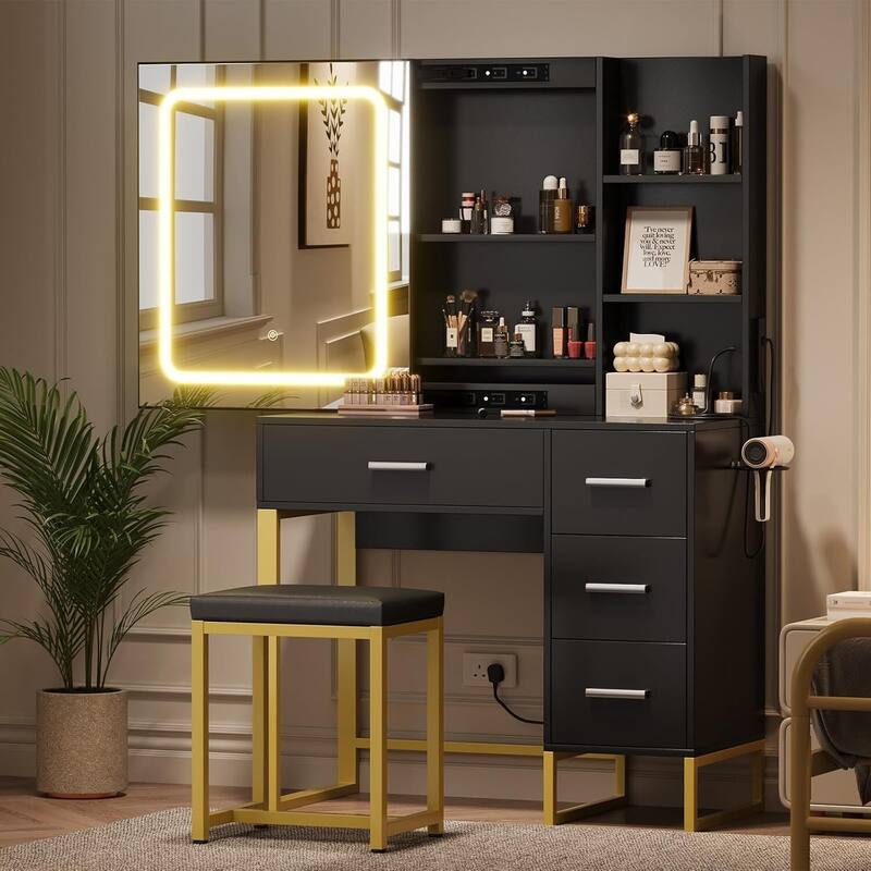 4 Drawers and 5 Shelves Dressing Table, Makeup Vanity Desk with Lighted Mirror