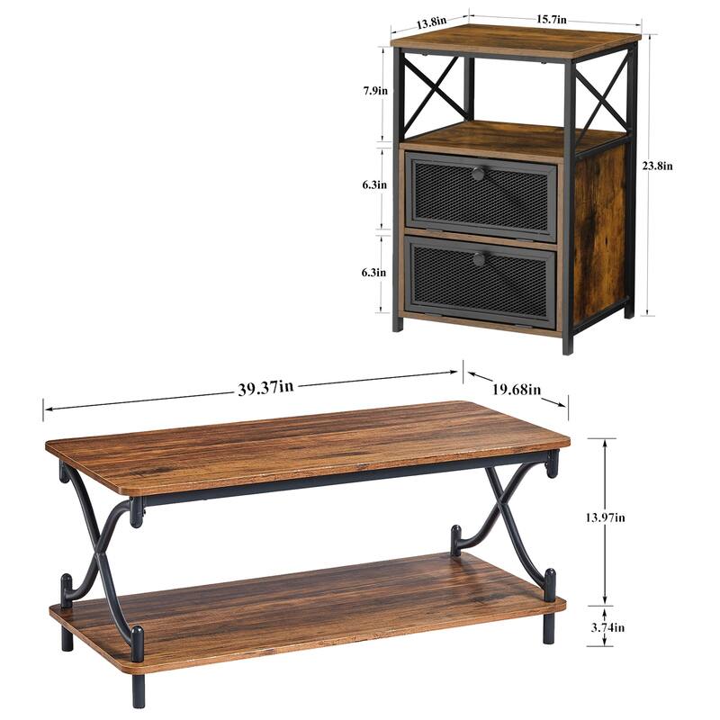 Javlergo 3-Piece Coffee Table Set with Rectangular Coffee Table and 2 Nightstands with 2-drawer, Rustic Brown