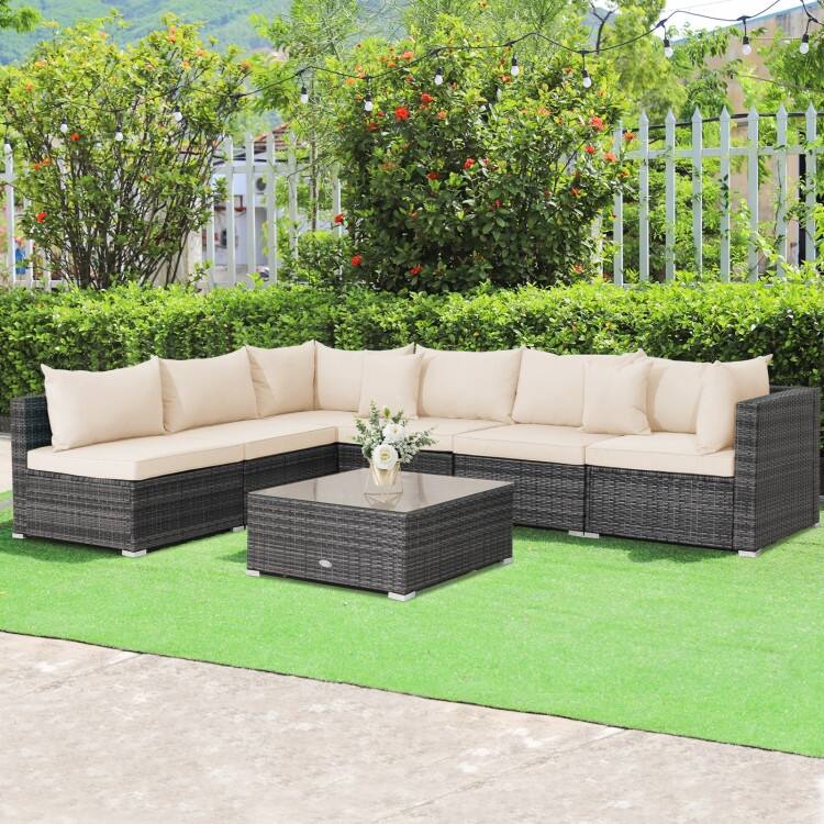 Patio Rattan Furniture Set Sectional Sofa Garden Cushion - 7 Pieces - Armless Sofa: 29" x 25.5" x 24"