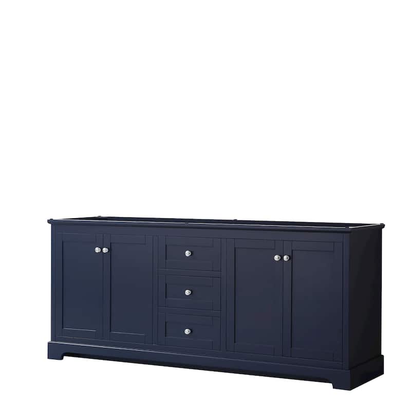 Avery 80-inch Double Vanity, No Top, No Sinks, No Mirror - Dark Blue, Chrome Trim, No Top