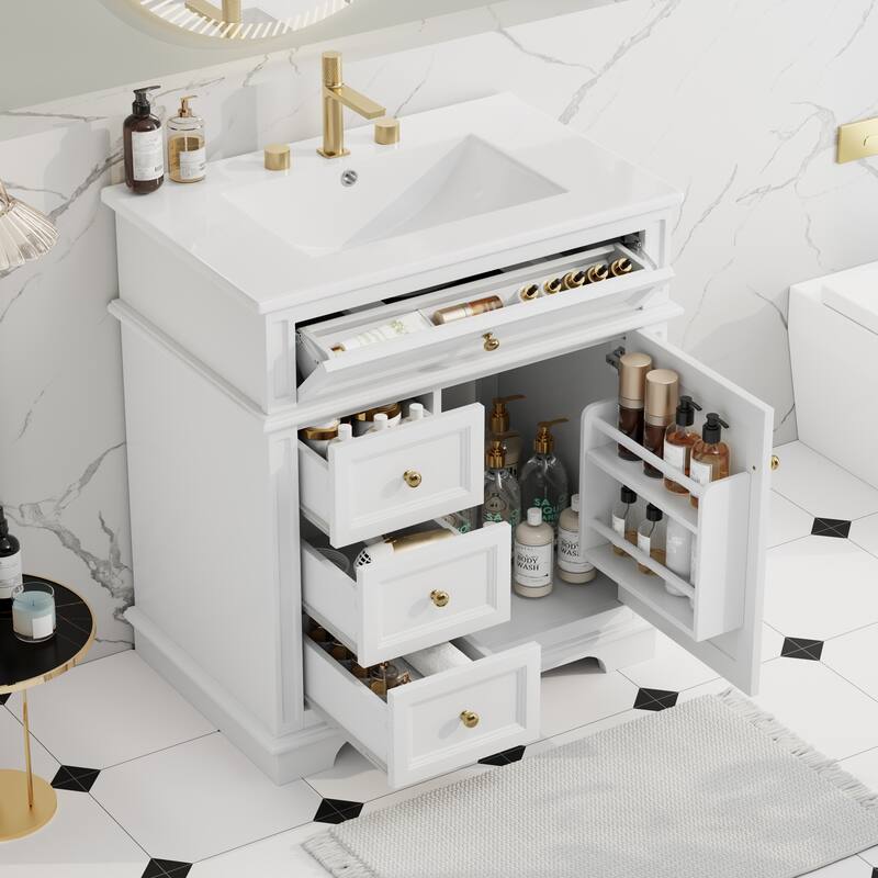 30" Bathroom Vanity With Sink, One Tip-Out Drawer, Three Drawers, Door Shelf, Soft Closing Door - White