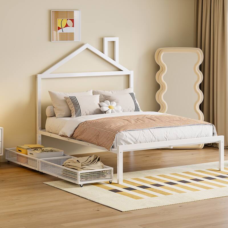Full Size Metal Platform Bed with Two Drawers and House-Shaped Headboard - Full - White