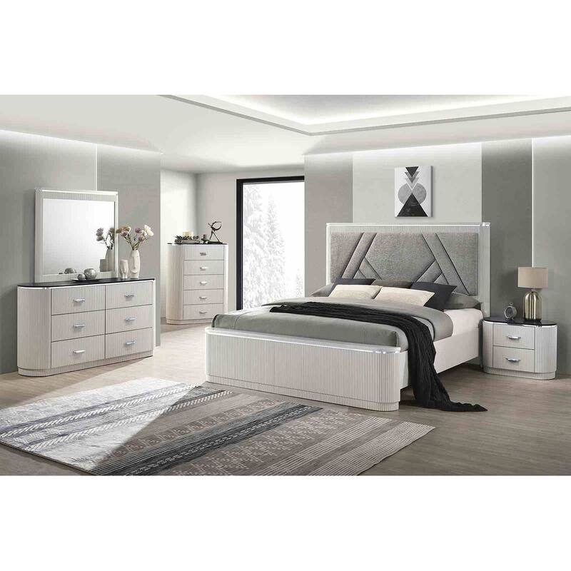 Modern Light Gray Reeded Bedroom Set with Stone Tops