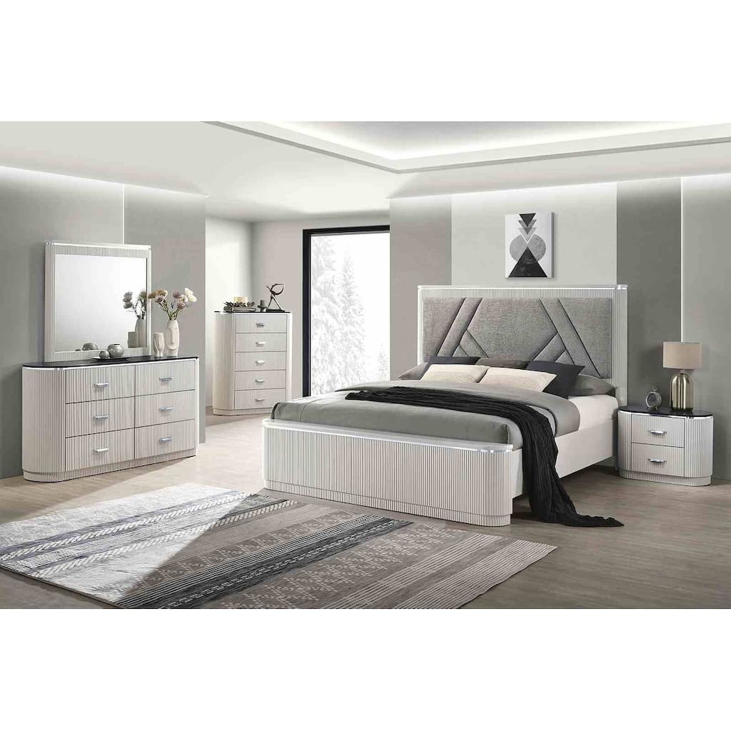 Modern Light Gray Reeded Bedroom Set with Stone Tops