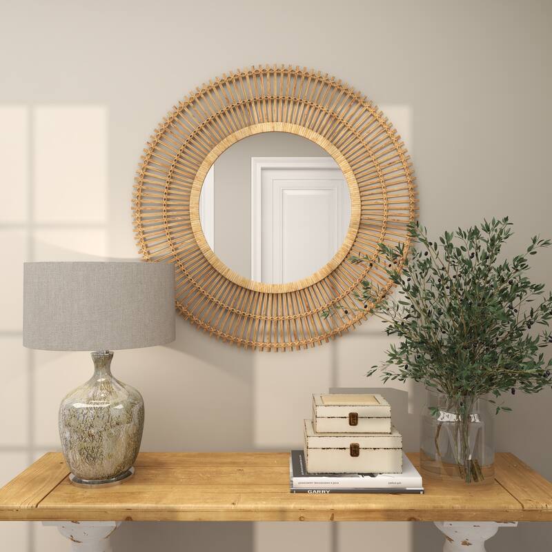 Bamboo Wood Starburst Handmade Stick Wall Mirror with Wrapped Rattan - Cream or Brown - Roche River Decor