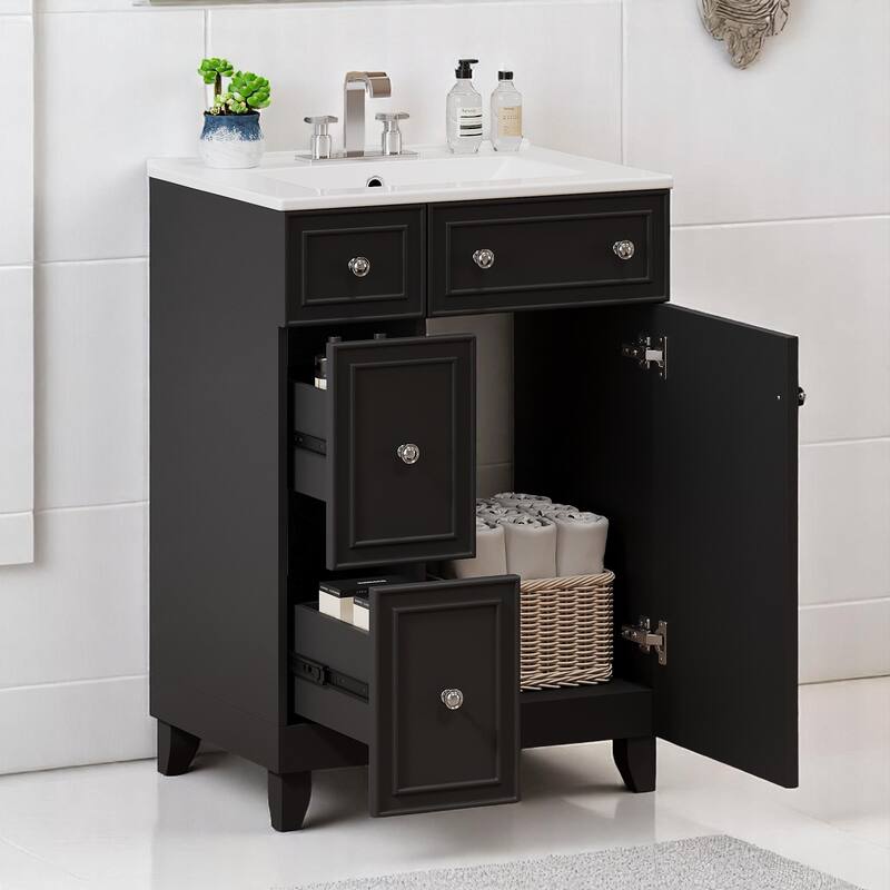 24" Bathroom Vanity with Ceramic Sink, 2 Drawers, Soft-Close Door, Freestanding Cabinet for Small Spaces, MDF and Wood