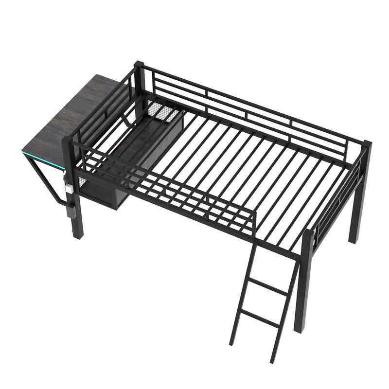 Twin/Full Size Gaming Mid Loft Bed with Gaming Desk and LED Lights, Low Metal Loft Bedframe with Ladder for Kids Teens
