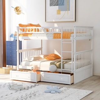 Wooden Bunk Bed with 2 Drawers and Ladder