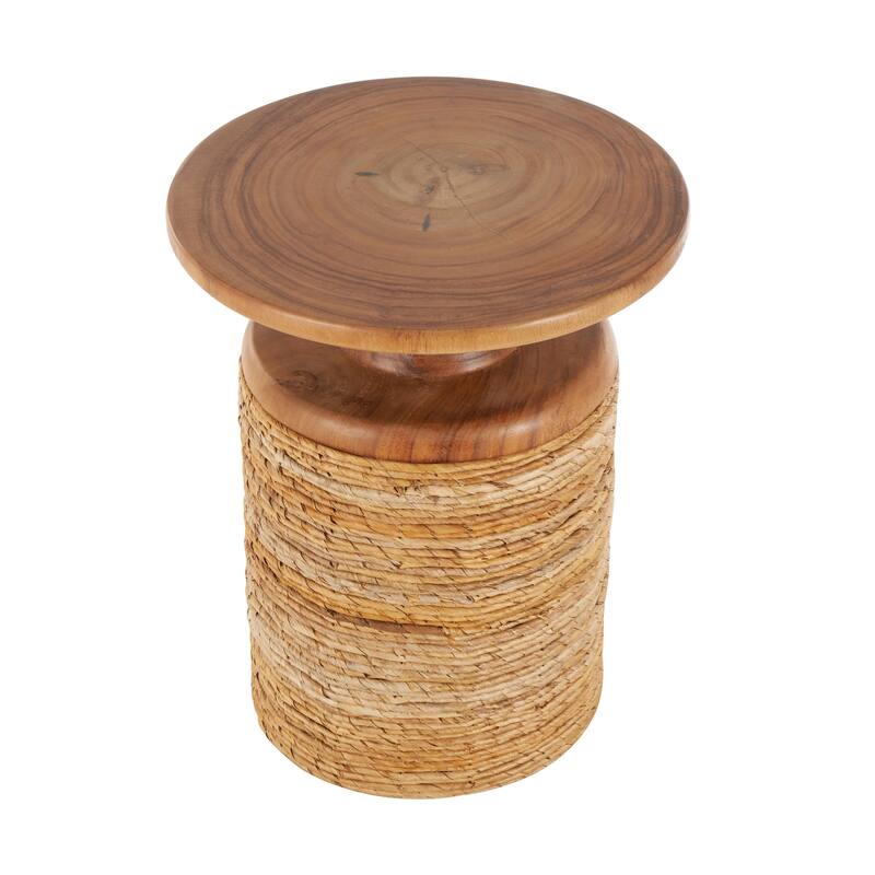 Banana Leaf Handmade Woven Accent Table with Wooden Tabletop - Brown - Roche River Decor - 16"W x 16"L x 20"H